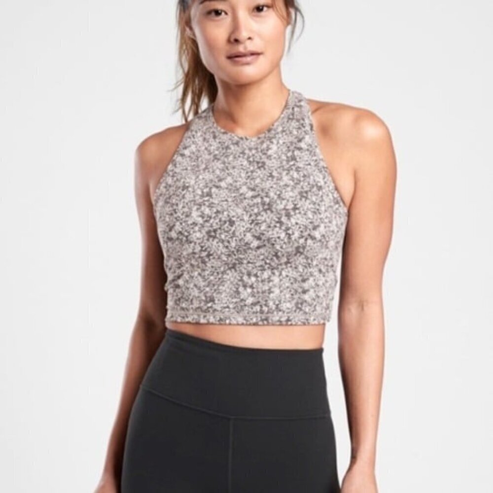Athleta Crop Tank Women Sm Grey Abstract Print‎ High Neck Racerback Workout Top